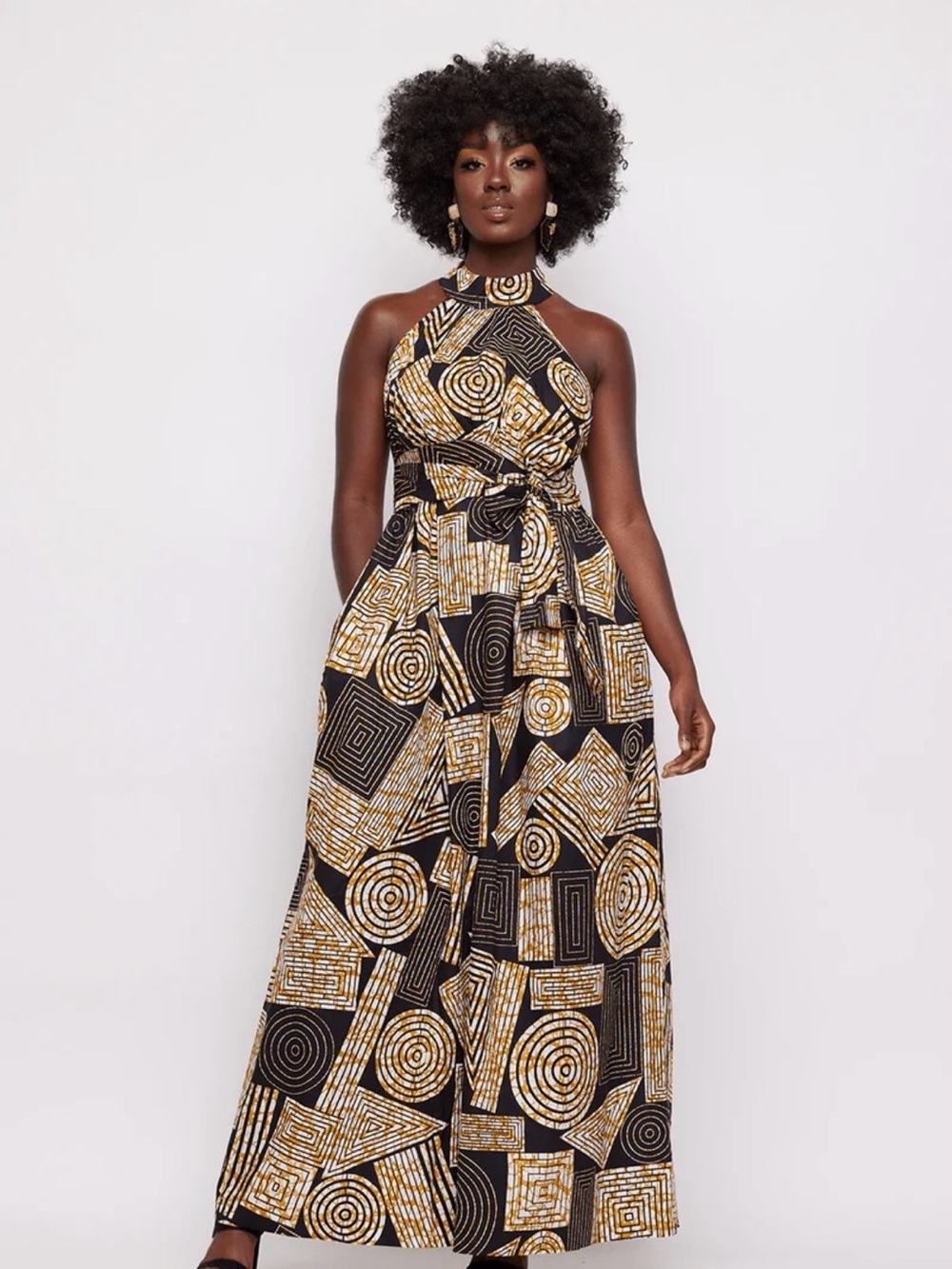 Black & Gold Halter Maxi Dress with Geometric Print
